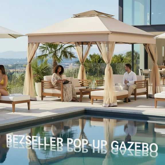 Bezseller 11x11 Pop up Gazebo, Outdoor Waterproof Canopy Tent with Mosquito Netting for Outdoors, Khaki