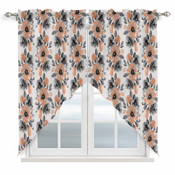 Orange Floral Swag Valances for Windows, Kitchen Window Curtains Over Sink, Abstract Watercolor Flower Leaf Plant Window Treatment Curtains for Living Room/Bedroom Curtains 2 Panel Sets 36"x45"