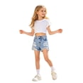 thumbnail image 4 of Girls Snow Washed Distressed Denim Shorts, Elastic High Waist Frayed Raw Hem Ripped Jean Shorts, Vintage Destroyed Summer Casual Kids Bottoms for Daily Wear(Light Blue,8-9 Years), 4 of 9