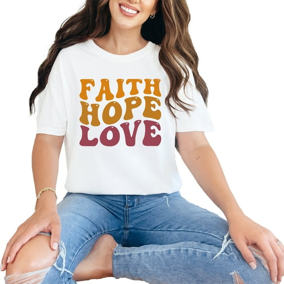 Faith, Hope, Love, Christian Themed, Groovy Retro Wavy Text, White Comfort Colors T-Shirt, Small