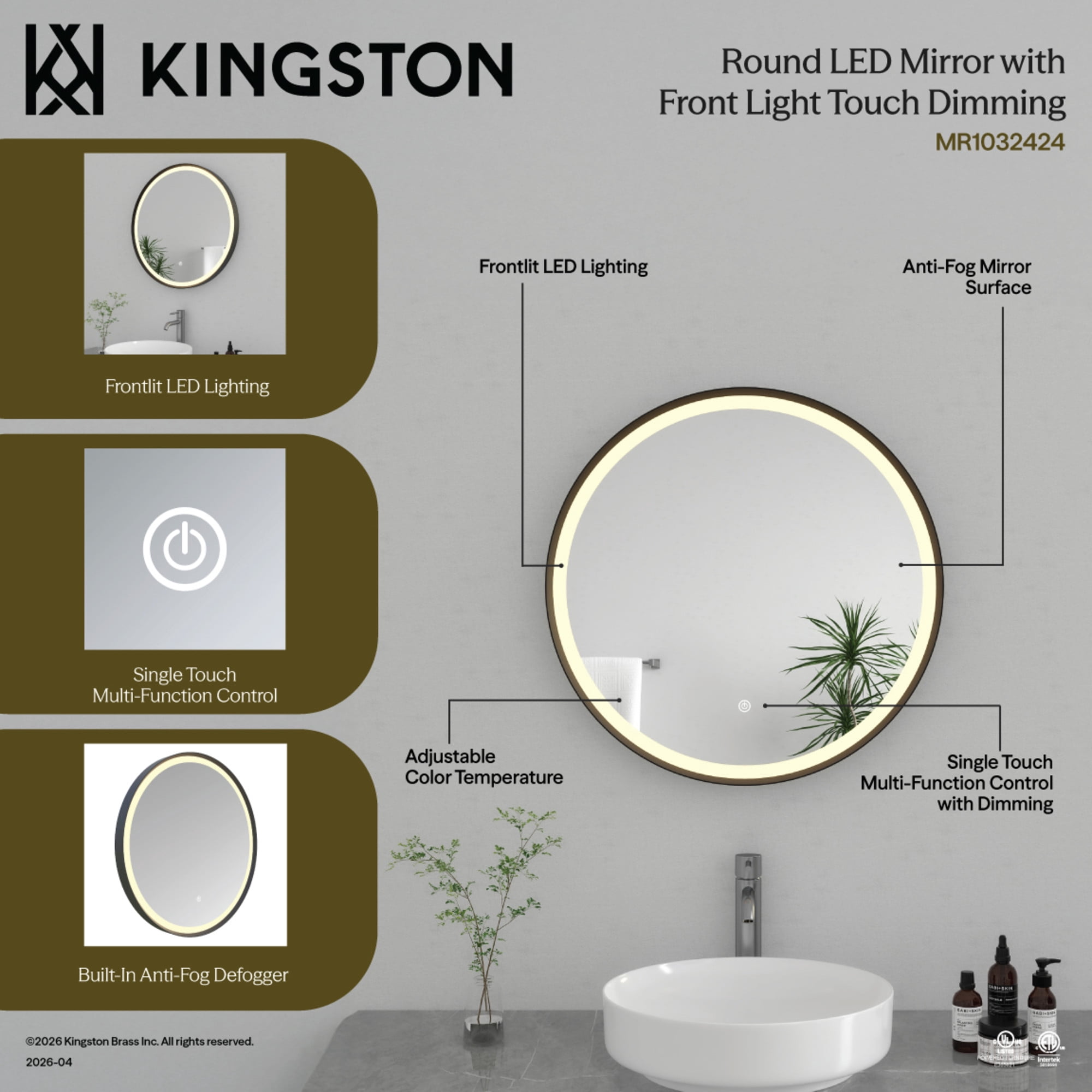 Kingston Brass MR1032424 Aurora 24-Inch Round LED Bathroom Mirror, Front Light, Anti-Fog, Dimmable Touch Sensor Lighted Mirror in Silver/Nickel