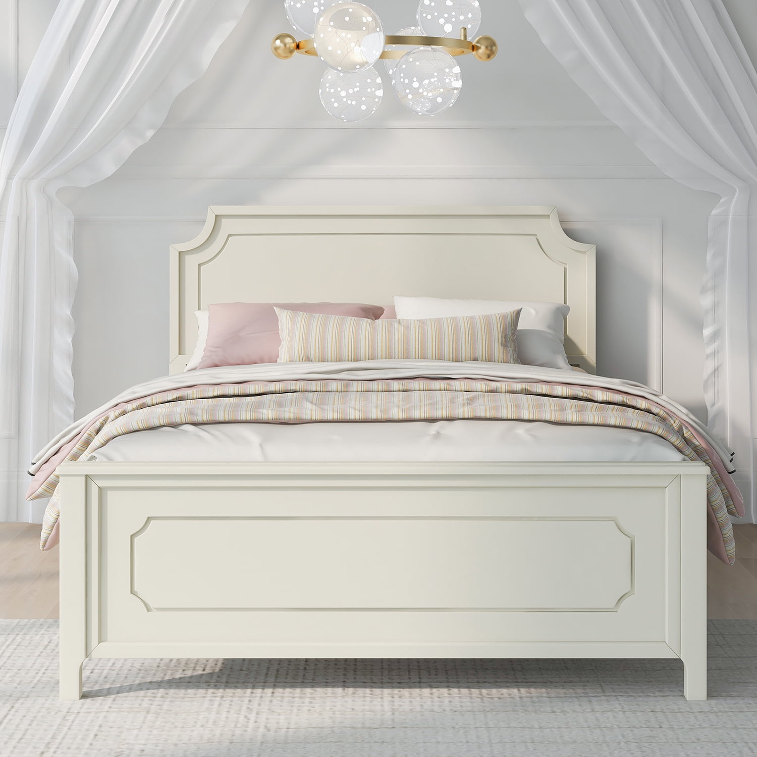 Kadyn Milky White Solid Rubber Wood Platform Bed, Modern Wood Queen Platform Bed with Headboard, Farmhouse bedstead for Bedroom