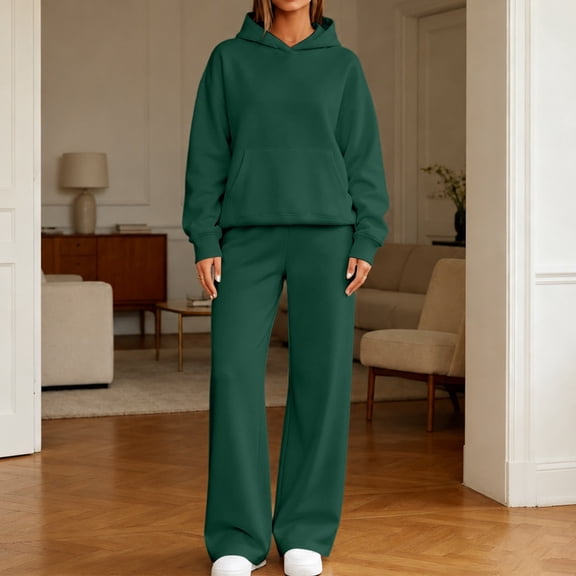 ClodeEU Women 2 Piece Casual Outfit ,Crew Neck Long Sleeve Sweatshirt and Wide Leg Pants Set Army Green,Women's Plus L
