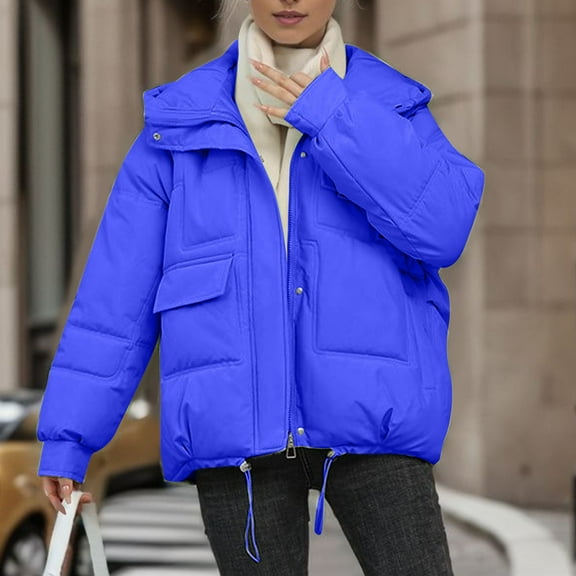 Black and Friday Clothing Sales Idoravan Women's Quilted Puffer Coat,Women's Fall and Winter Long Sleeved Warm Cotton Jacket Bread Blue M