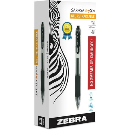 Zebra Sarasa Retractable Gel Ink Pens  Medium Point 0.7mm  Black  Rapid Dry Ink  12-Count