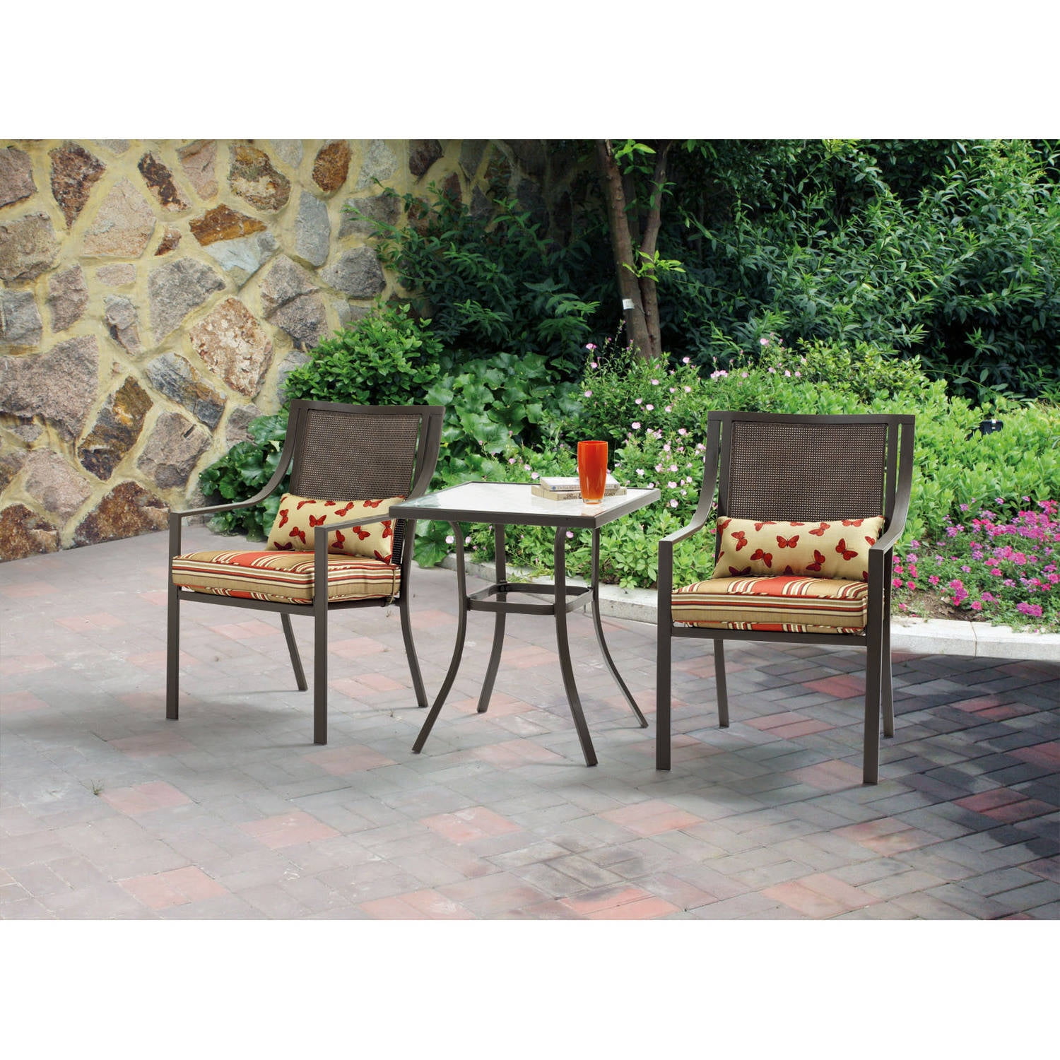 Mainstays Alexandra Square 3 Piece Outdoor Bistro Set Red Stripe throughout Mainstays Alexandra Square 4piece Patio Conversation Set Red Stripe With Butterflies Seats 4