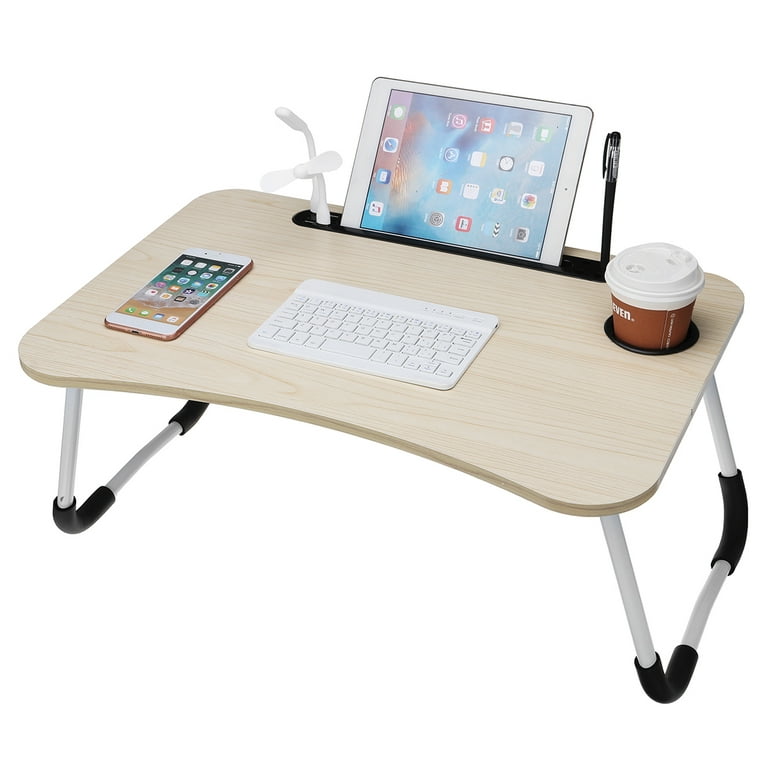 Phancir Foldable Lap Desk, 23.6 inch Portable Wood Laptop Desk Table Workspace Organizer Bed Tray with iPad Slots, Cup Holder and Drawer, Anit-Slip