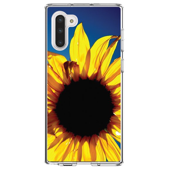 DistinctInk Clear Shockproof Hybrid Case for Samsung Galaxy Note 10 (6.3" Screen) - TPU Bumper, Acrylic Back, Tempered Glass Screen Protector - Blue Yellow Sunflower Sky
