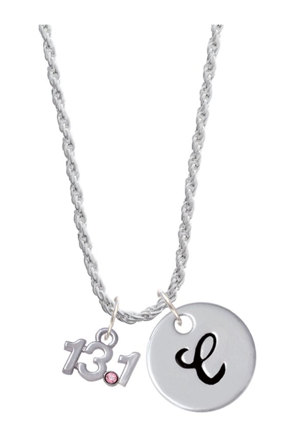 Silvertone Half Marathon - 13.1 with Pink Crystal Silvertone Script Initial Disc - C - Charm Necklace, 20"+3"