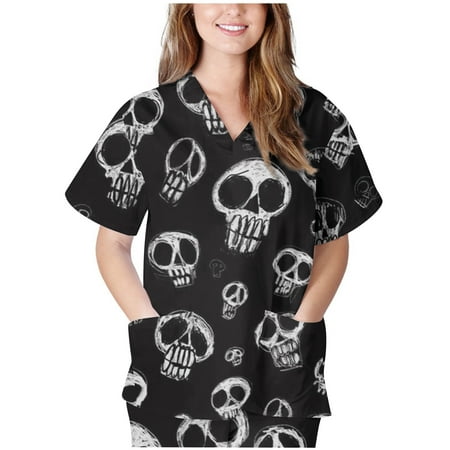 

qucoqpe Halloween Plus Size Scrub Tops for Women Fashion 3D Pumpkin Cat Bat Pattern Casual V-Neck Short Sleeve Working Uniform Blouse Halloween Pockets Nurse Shirts Halloween Costume on Clearance