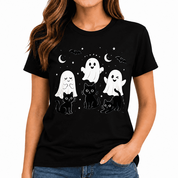 【New Arrival】Women's Halloween Ghost Cat Graphic T Shirt Black Short Sleeve Crew Neck Casual Cute Spooky Tee