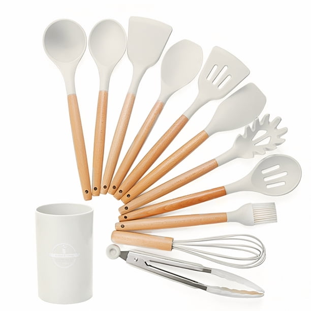 Juego de Utensilios de Cocina | Kit 12 Piezas de Cocina | Set de Instrumentos de Silicona | Mango de Madera Resistentes | Herramientas de Cocina Multifuncionales