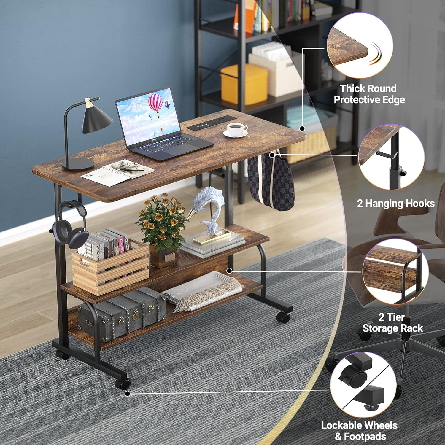 Homieasy Height Adjustable Standing Desk with Power Outlet & USB Ports, Max Height 41'', Small Mobile Computer Desk with Storage Shelves & Hooks, Portable Laptop Table for Home & Office, Rustic Brown