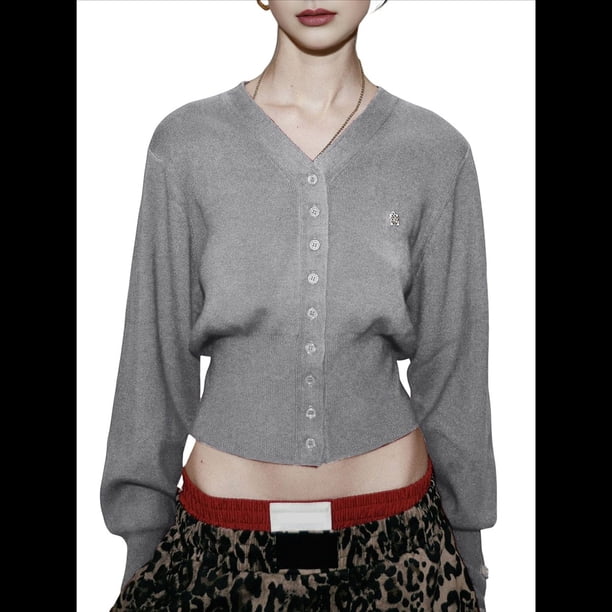 Cárdigan Corto de Larga con Cuello en V y Abertura Frontal para Mujer, Camisa de Otoño con Botones. Gris S