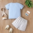 thumbnail image 4 of mgoYE Toddler Boy Clothes Baby Boy Easter Outfit Short Sleeve Cotton Tee Funny Rabbit Graphic Tshirts Top Stripe Shorts Set 2Pcs Toddler Summer Clothes(Sky Blue,1-2 Years), 4 of 9