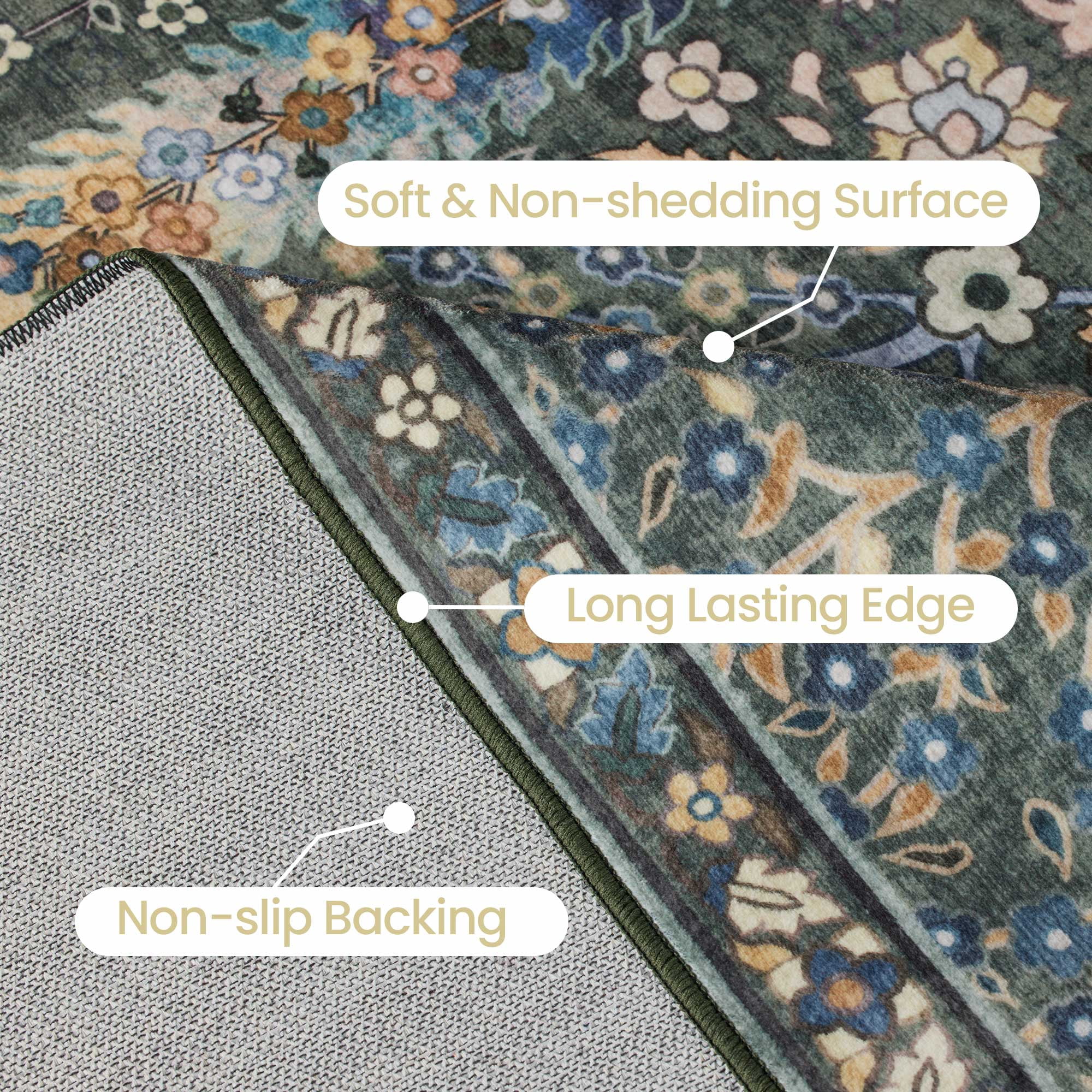 Washable Oriental Rug, 8x10 Sage Green Boho Botanical Floral Vintage Carpet, Soft Large Indoor Rug for Living Room, Bedroom, Office, Playroom