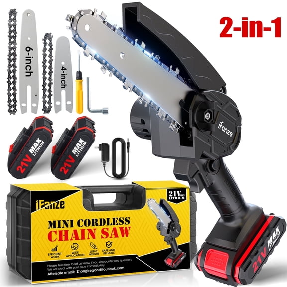 Qunler Mini Chainsaw, 4 & 6-inch Cordless Small Chain Saw with 2 Batteries 2 Chains, Electric Brushless Chainsaw with Security Lock, Handheld Power Chainsaw for Tree Pruning, Gardening, Wood Cutting