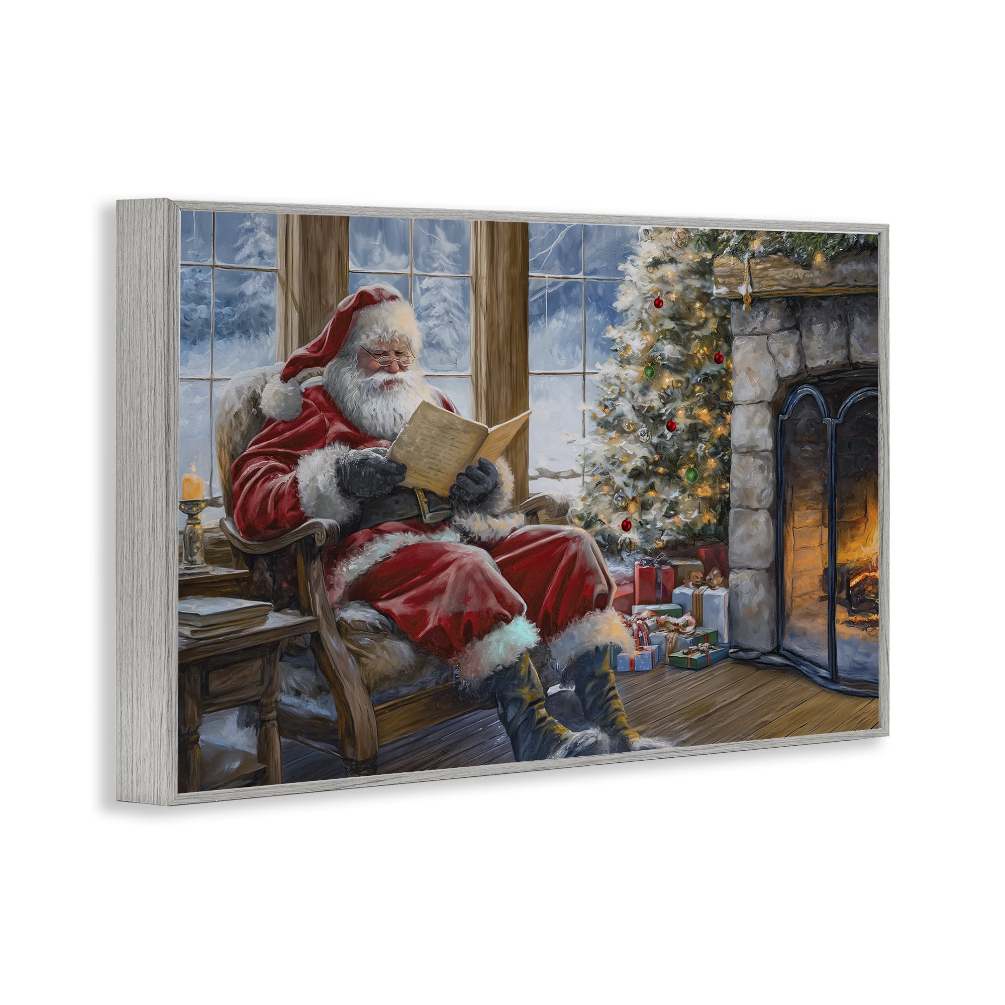 Stupell Industries Santa Reading by Fire Holiday Painting Gray Framed Art Prints Wall Art, 30 x 20