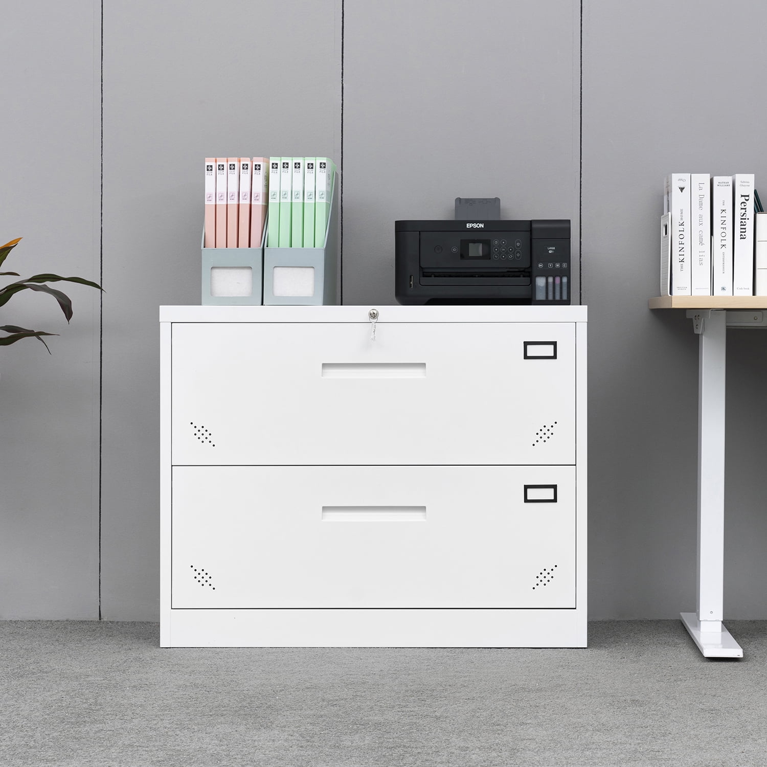 Kadyn Lateral File Storage Cabinet, 2 Drawer Filing Cabinet for Legal/Letter A4 Size, Steel Office Wide File Cabinet with Lock, White Kadyn Lateral File Storage Cabinet, 2 Drawer Filing Cabinet for Legal/Letter A4 Size, Steel Office Wide File Cabinet with Lock, White