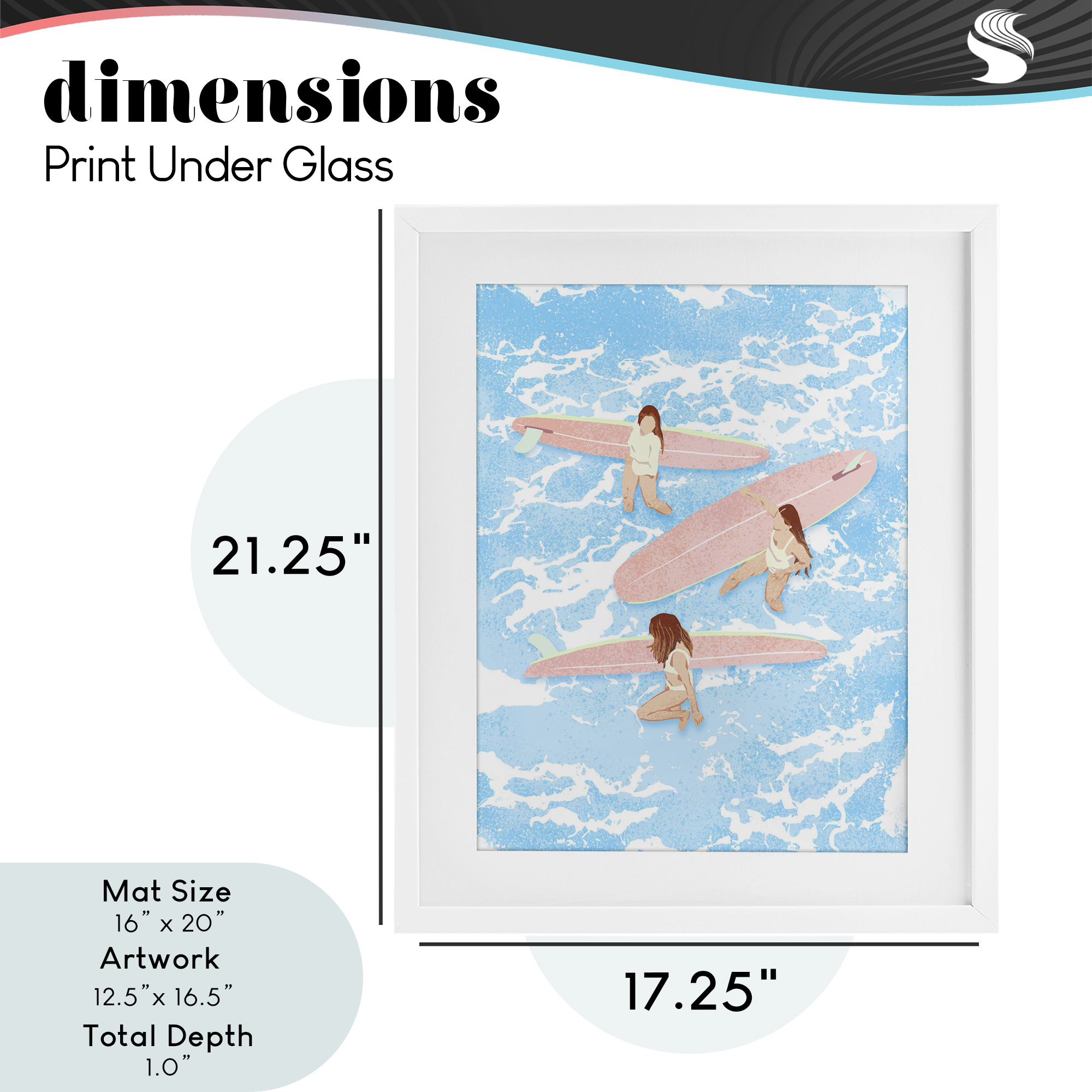 Surfing Girls Trio White Framed Print Under Glass, design by Ziwei Li