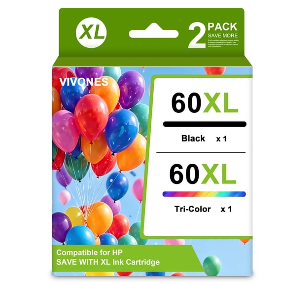 60XL Ink Cartridges  Combo Pack Compatible for HP60 XL Ink Cartridge Work with DeskJet D1660 D2530 ENVY 100 110 111 PhotoSmart C4635 C4640 Printers (1 Black / 1 Tri-Color)