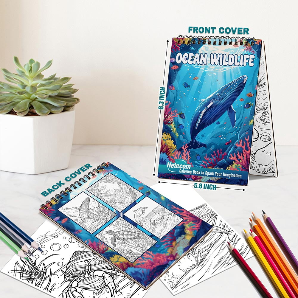 Netecom Ocean Wildlife Coloring Book Spiral Bound for Adults, A5 Wooden Cover, 30 Beautiful Coloring Pages of Life Undersea for Stress Relief and Relaxation