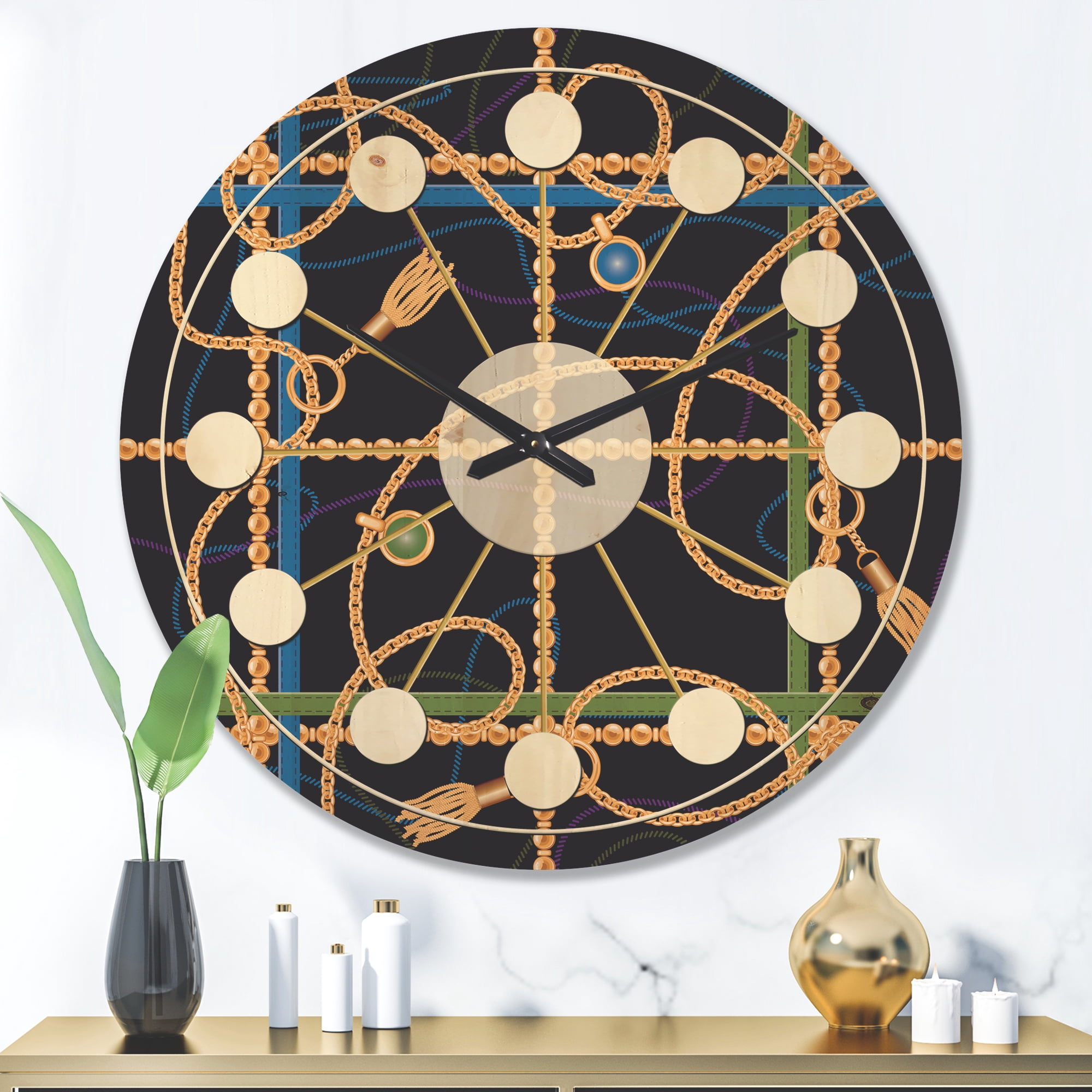 Designart 'Trendy Gold Chain Retro Pattern' Mid-Century Modern Wood Wall Clock