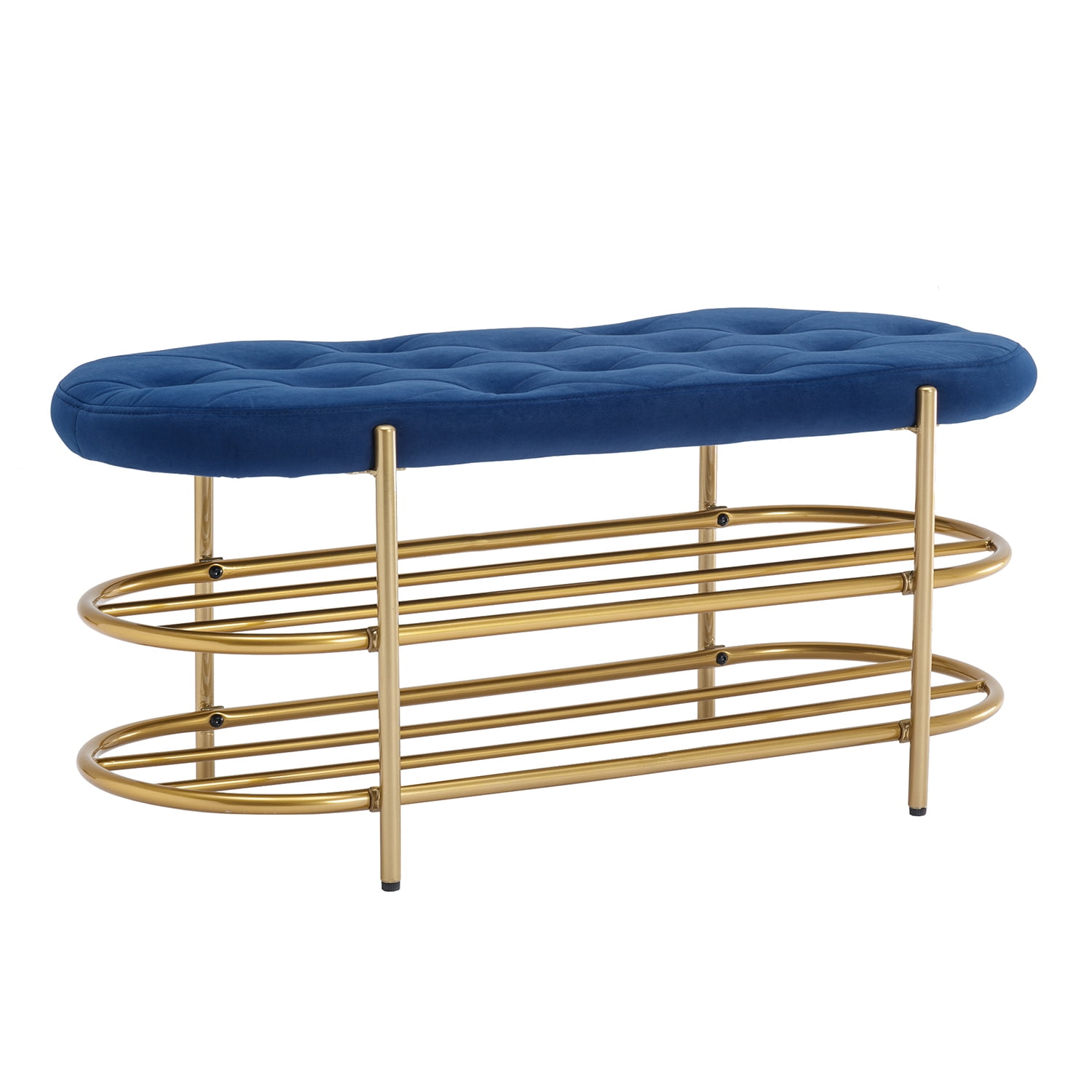 Kepooman Navy Beach, Upholstered End of Bed Bench with 2 Shelf, Velvet Storage Beach for Living Room Kepooman Navy Beach, Upholstered End of Bed Bench with 2 Shelf, Velvet Storage Beach for Living Room