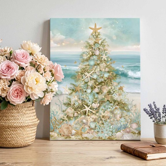 Canvas Wall Art, Coastal Beach Framed Canvas Prints for Living Room Bedroom, Summer Ocean Wave Starfish Coral Trees Large Gallery Wrapped Wall Decor for Home Office, Gifts, 16"x20" Ship Next Day