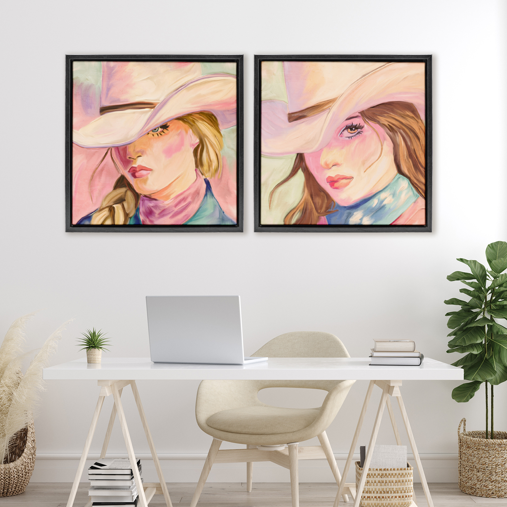 Pastel Cowgirls Gazing 2 Piece Black Framed Floater Canvas Set, design by Kim Allen