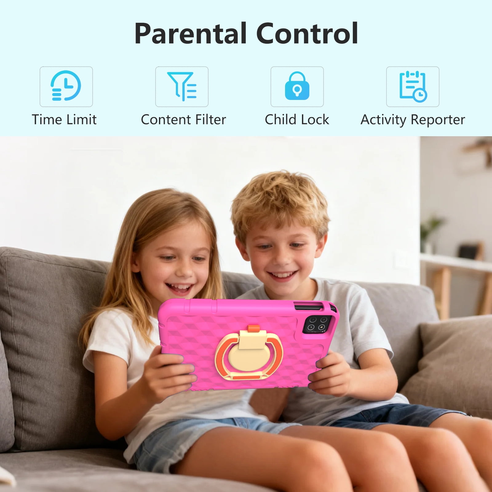 Kids Tablet 10.1 inch Android 15 Octa-Core Tablets with Drop-proof Case, 20GB ROM 128GB, 1TB TF Card Expandable, Parental Control, WiFi 6 and Bluetooth, Pink