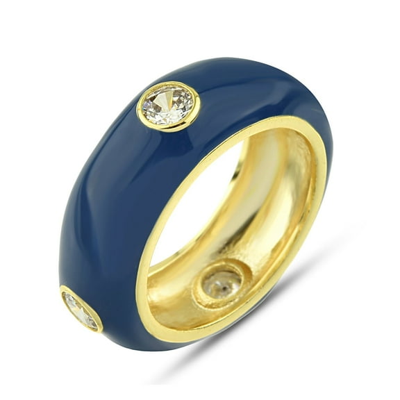 13mm Navy Blue Enamel Ring Size 7 Donut Band Ring with Clear Zirconia Crystals - 14K Gold Plated Brass Ring - Minimalist Thumb Ring