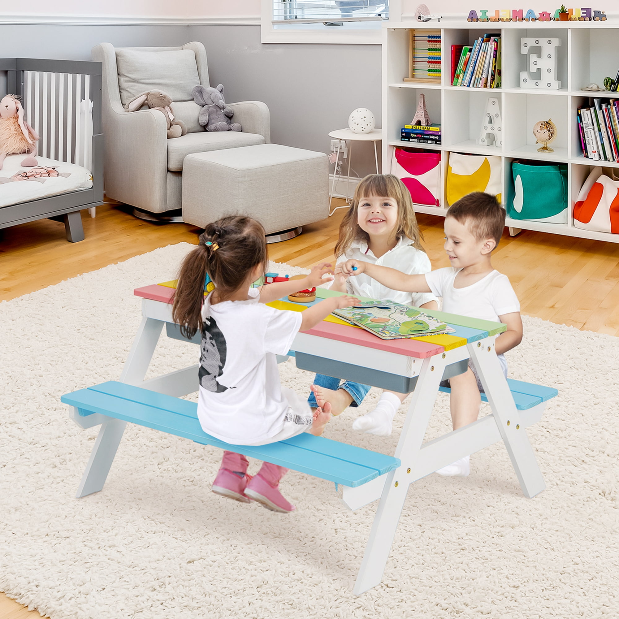 Costway 3-in-1 Kids Picnic Table Wooden Outdoor Sand & Water Table with Umbrella Play Boxes Blue