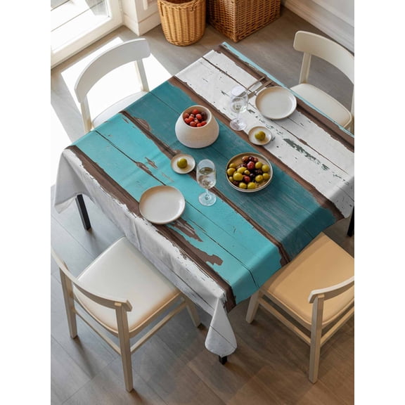 Turquoise Teal Tablecloth Square Table Cloth 60x60 ,Waterproof Outdoor Table Cloth Covers Decorative Table Protector ,Farmhouse Retro Ombre Wooden Grain Washable Table Cover for Kitchen Dinning Party