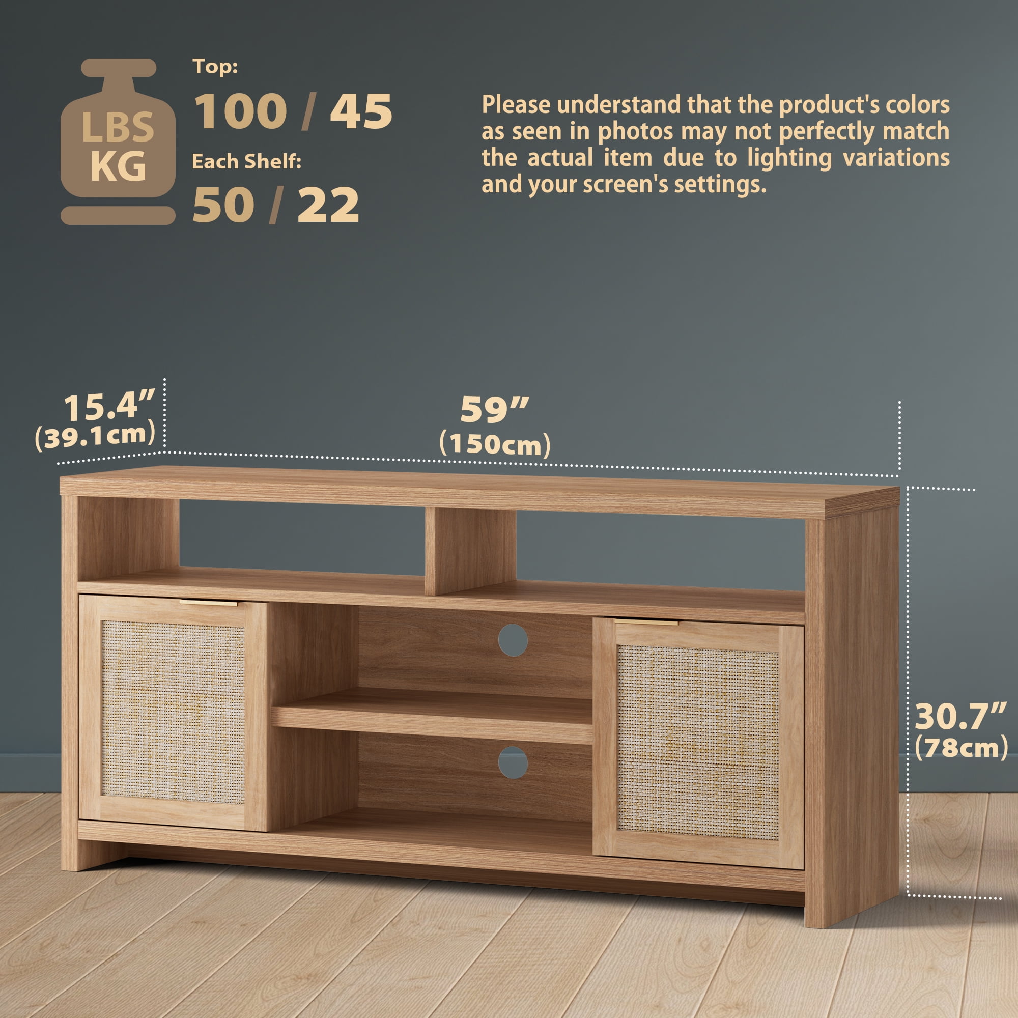 ARKANTOS Rattan TV Stand for 65 inch TV,Tall TV Console for Living Room,Natural Oak