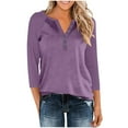 thumbnail image 2 of IROINNID Ladies Fashion Solid Color Basic Tshirt Quarter Sleeve V Neck Casual Comfortable Soft Stretch Daily Wear Blouse Tee Tops(Purple#2,S), 2 of 9