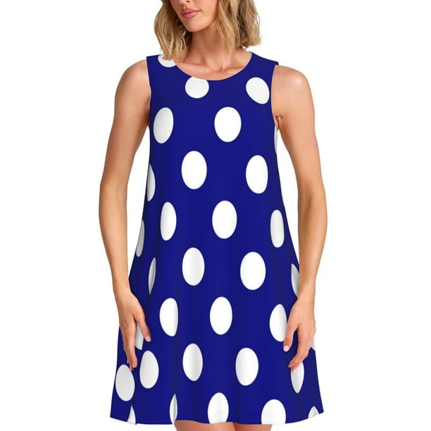 Balery Navy And White Polka Dot Vestidos de verano para mujer con estampado: vestido holgado sin mangas, vestido playero informal y cómodo para días calurosos.