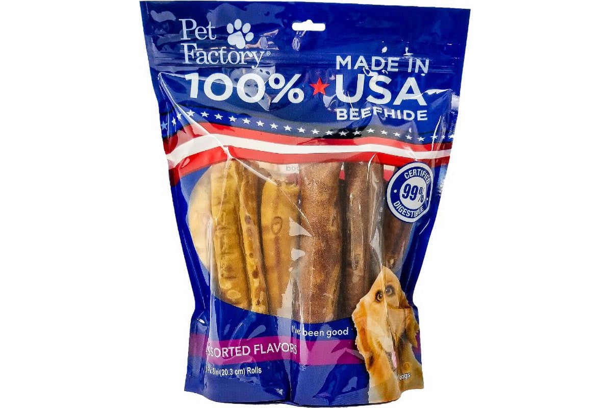 Package may Vary 10-Pack PET FACTORY USA Value-Pack Beefhide 8-Inch Retriever Rolls Chews for Dogs 