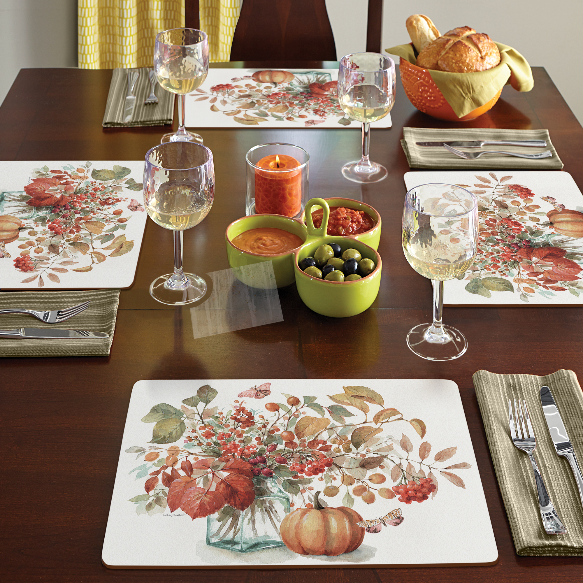 Cala Home "Autumn In Nature" Premium Decorative Hardboard Cork Back Tabletop Placemats 4 Pack