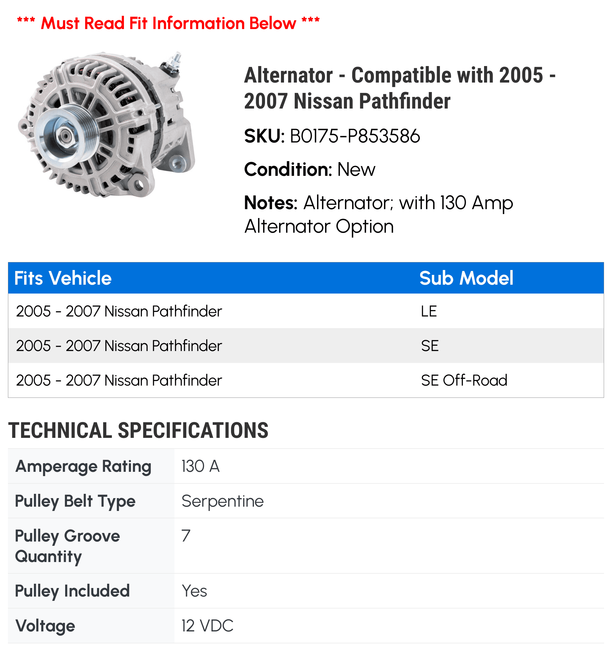 Alternator - Compatible with 2005 - 2007 Nissan Pathfinder