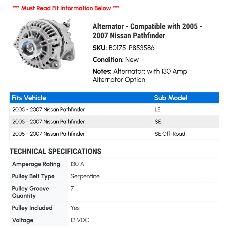 Alternator - Compatible with 2005 - 2007 Nissan Pathfinder
