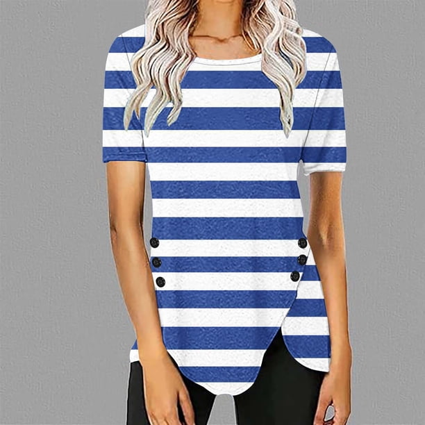 Fiudx Camisas para Mujer Blusa Casual de Manga Corta con Estampado de Botones para Mujer, Blusa/Camisa de Cuello Redondo de Manga Corta