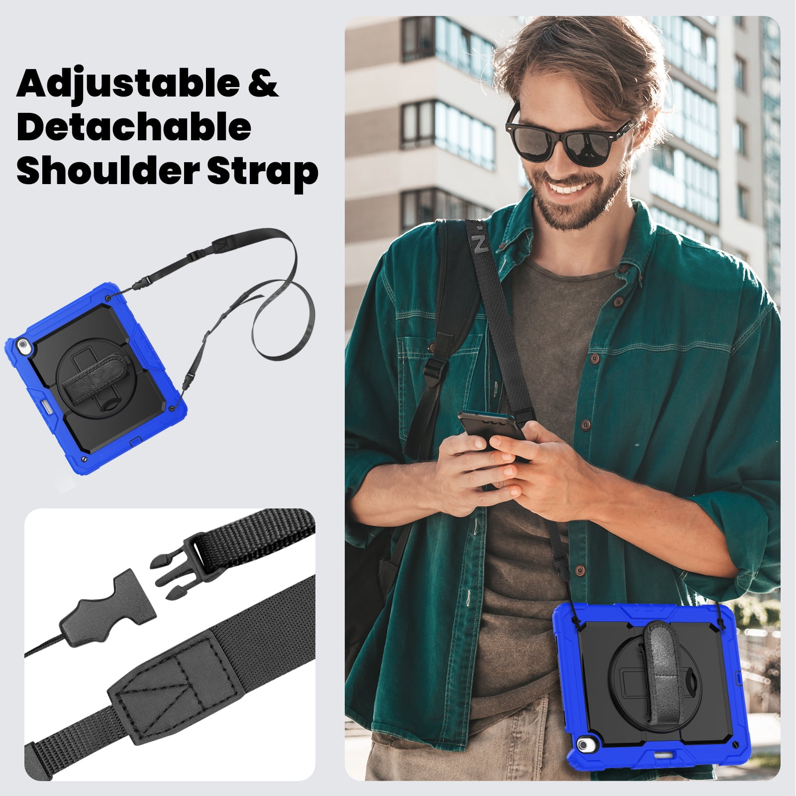 Allytechgroup iPad Air 13 2024 Case with Screen Protector / Shoulder Strap/ Pencil Holder, Heavy Duty Shockproof Rugged Handle Kickstand Bumper Case Cover for Apple iPad Air 13 Inch 2024 M2,Blue