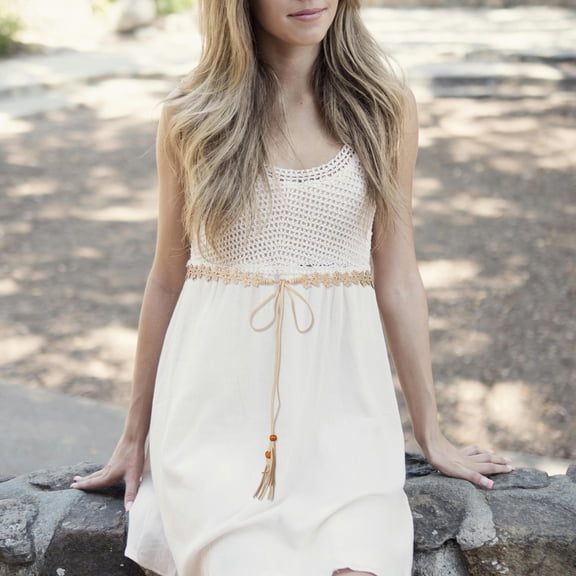 HEANUJJ Beige Bohemian Waist Belt Floral Tassels Microfiber Boho Style