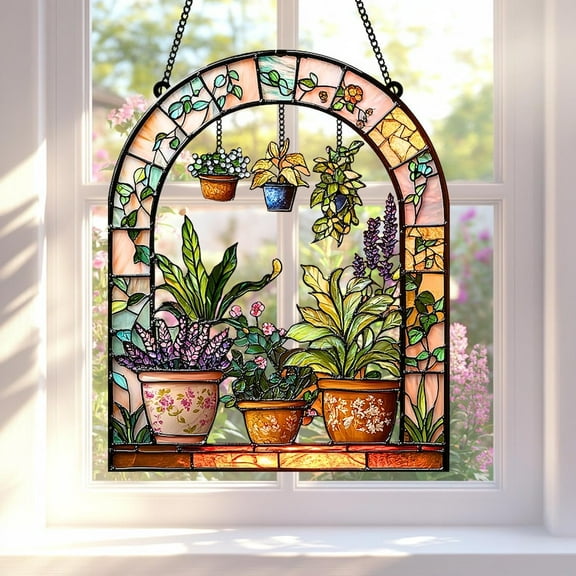 Hanging Plant Acrylic Suncatcher – Faux Stained Glass Window Art with Potted Plants, Home and Wall Art Decor, Nature-inspired Gift for Mom