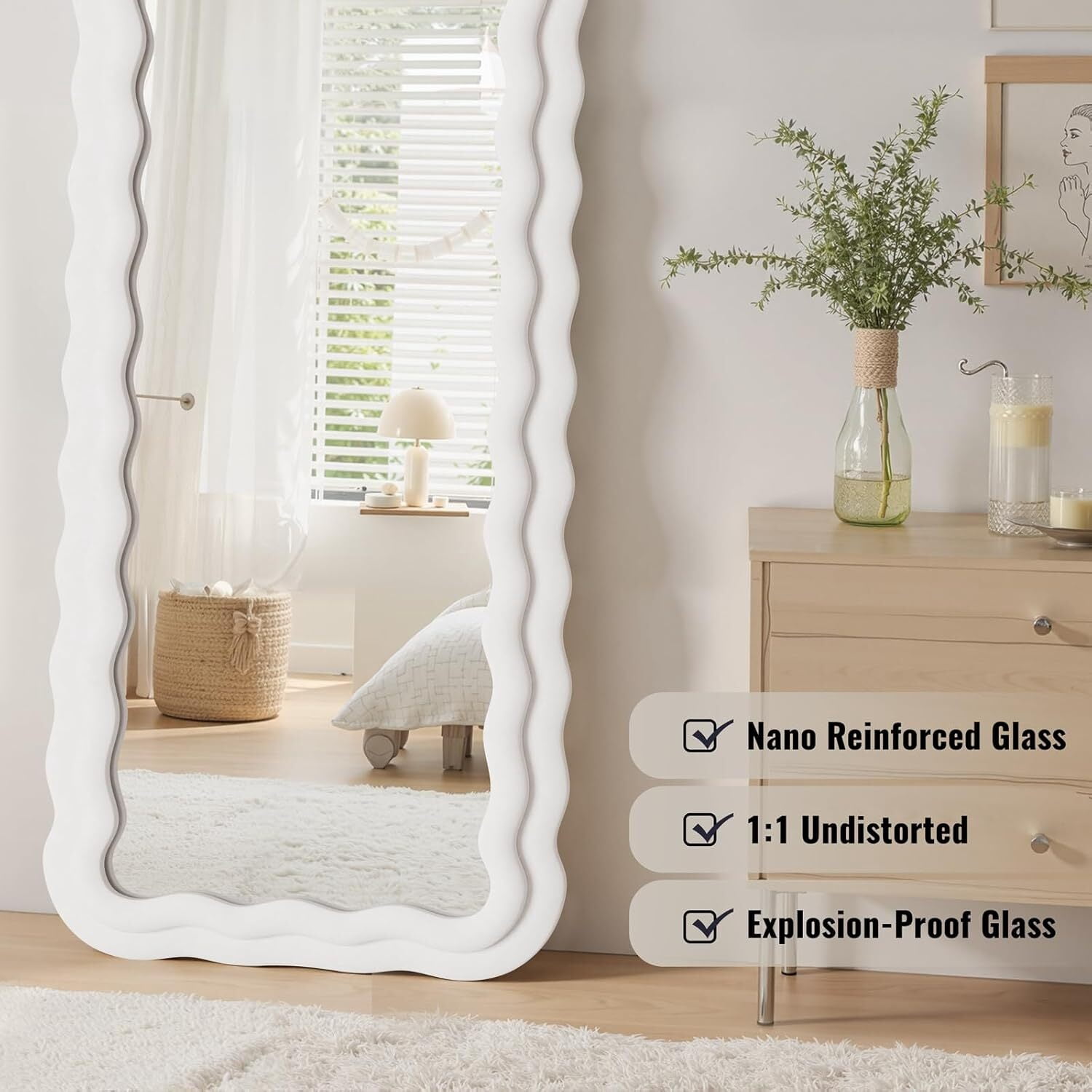 Gleamira 71"x32" Full Length Mirror Wavy Frame Arched Floor Mirror Flannel Wrapped Wooden Frame Hanging Leaning Mirror, White