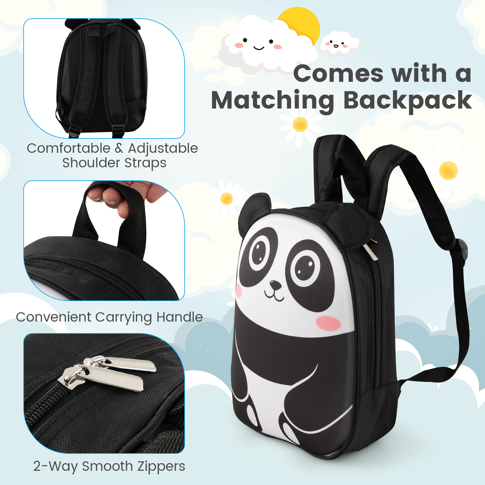 Infans 2PCS Kids Carry On Luggage Set 16" Panda Rolling Suitcase w/ 12" Backpack Travel
