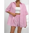 thumbnail image 2 of Women 2 Piece Outfits Summer Short Sleeve Stripe Shirts and Loose High Waisted Mini Shorts Sweatsuit Set Pink M, 2 of 5