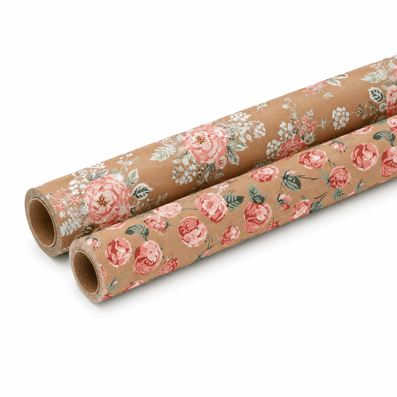 2 Rolls Gift Wrapping Paper, Copperplate Paper Hot‑Stamped Floral Print