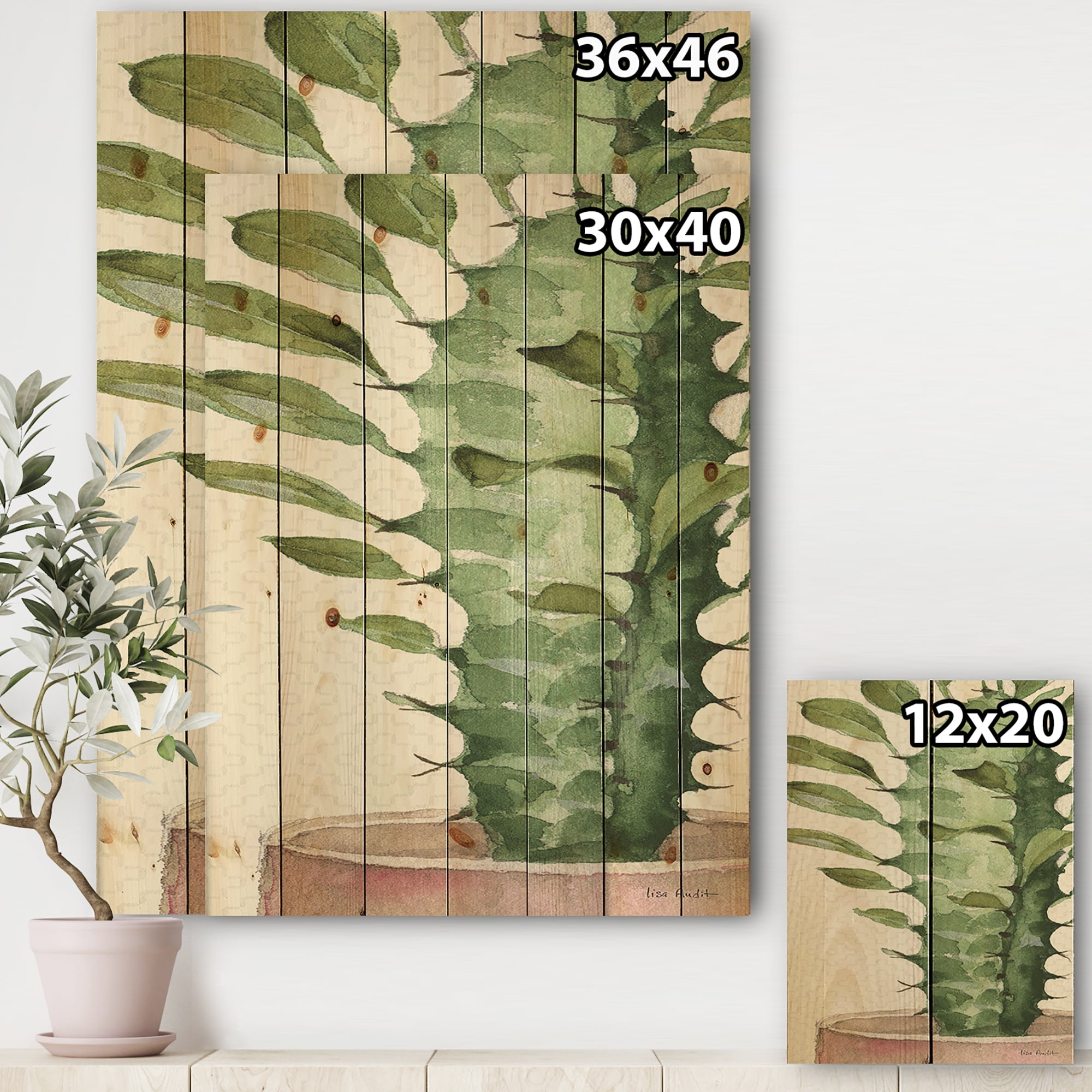 Designart 'Mixed Green Element II' Cottage Print on Natural Pine Wood